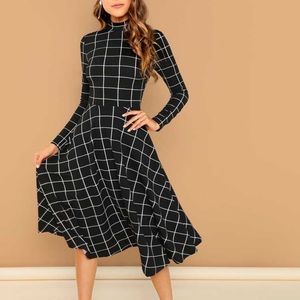 Mock neck grid flare midi dress